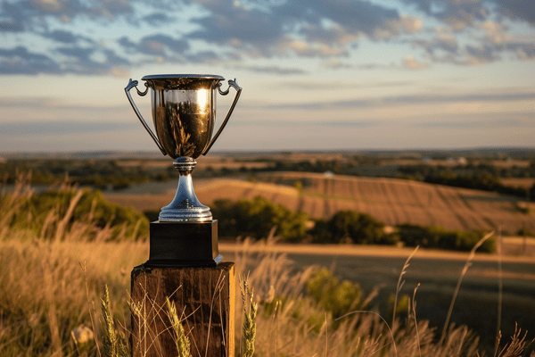 A trophy in a filed surrounded by farmland