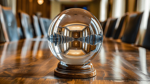A crystal ball sitting on top of a wooden conference table
