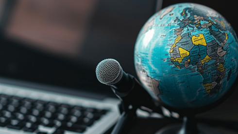 Globe next to a microphone and laptop