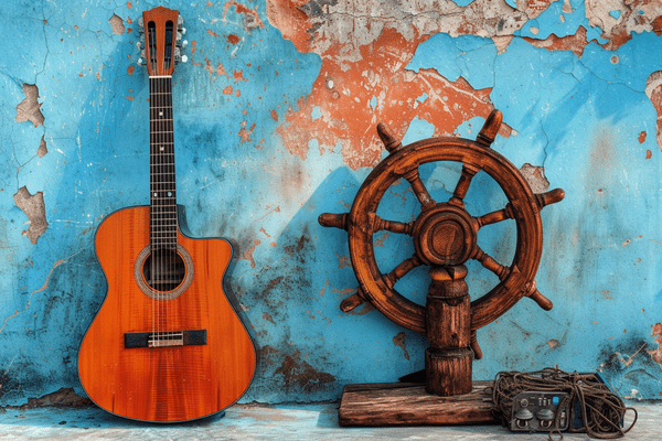 An acoustic guitar upright and a wooden ship's steering wheel against a wall, which has light-blue peeling paint   