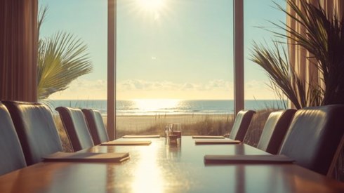 hotel conference room with a view of a beach through the window
