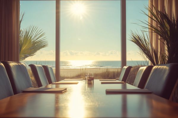 hotel conference room with a view of a beach through the window
