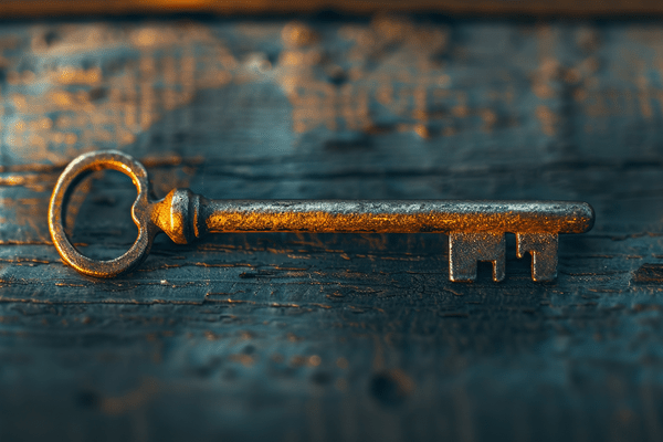 Closeup of a bronze key resting on a wooden table
