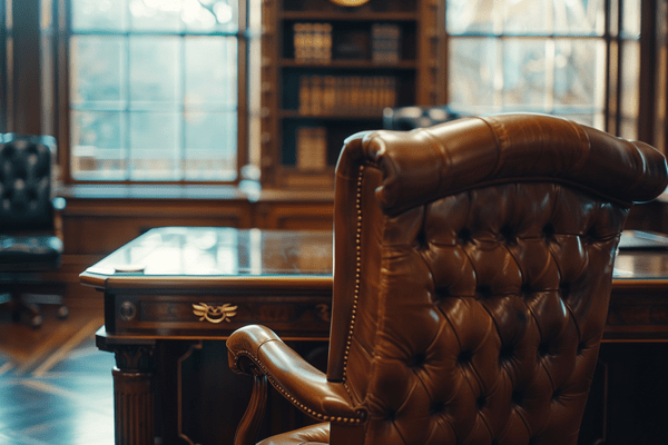 Brown leather desk chair sitting in front of a large wooden desk in an office