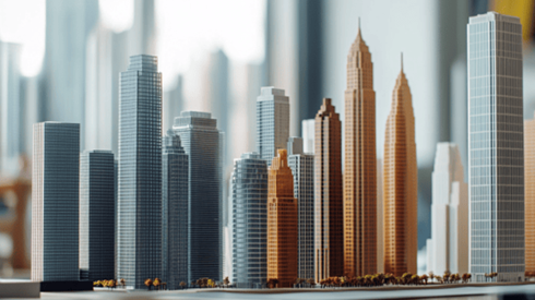 A line of models of skyscrapers on an office desk
