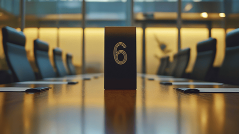 The number six standing up in the middle of a conference table that is surrounded by chairs