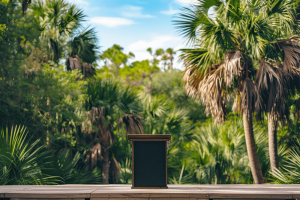 A speaker podium on a stage in a grove of palmetto trees