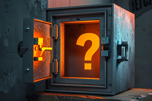 A metal safe with a glowing orange question mark in it