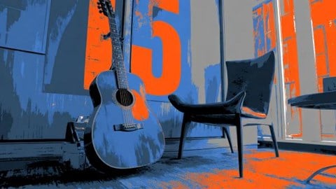 stylized photo of a blue guitar leaning up against a blue and orange wall with the number "15" on it next to a chair