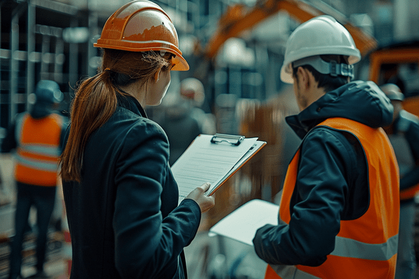 A businesswoman in a hard hat reviews paperwork at a construction site with a construction worker
