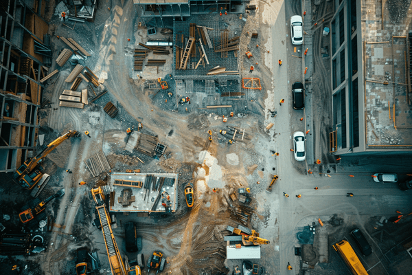 A aerial view of a busy construction site