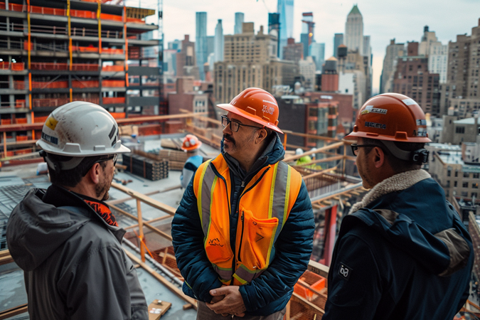 Three construction professionals talking while looking out over a work site in the city