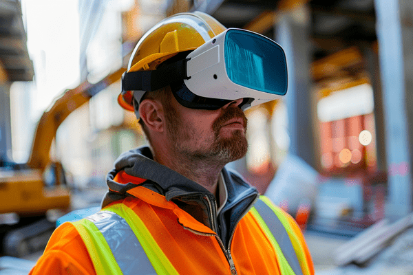 A construction worker wearing a virtual reality headset on a construction site