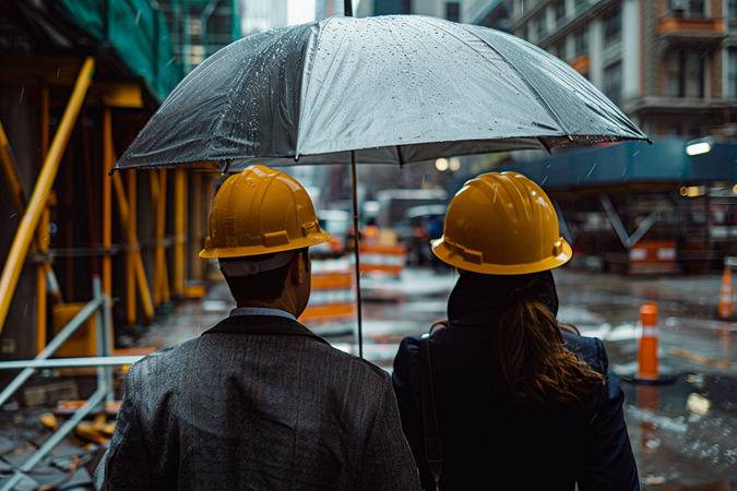 Two business professionals in hard hats stand under an umbrella while visiting a construction site on a rainy day