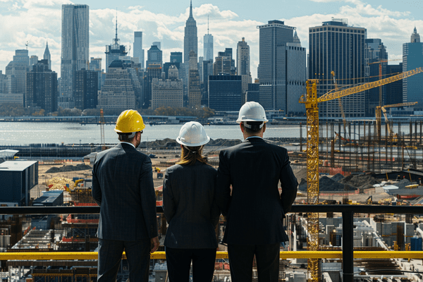 Three business professionals in hard hats overlook a large construction site near a big city