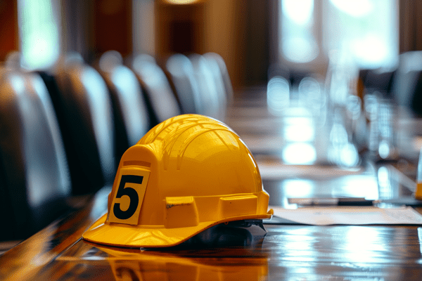 An orange construction hard hat with the number five on the front of it sitting on top of a wooden conference table