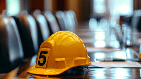 An orange construction hard hat with the number five on the front of it sitting on top of a wooden conference table