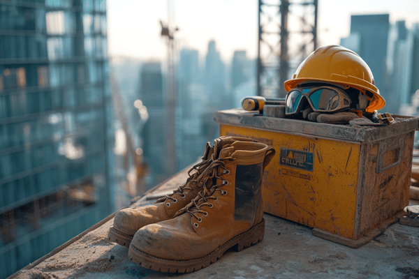 A pair of work boots, a pair of work gloves, a safety helmet, a pair of safety glasses, and a toolbox on the outside of a skyscraper under construction