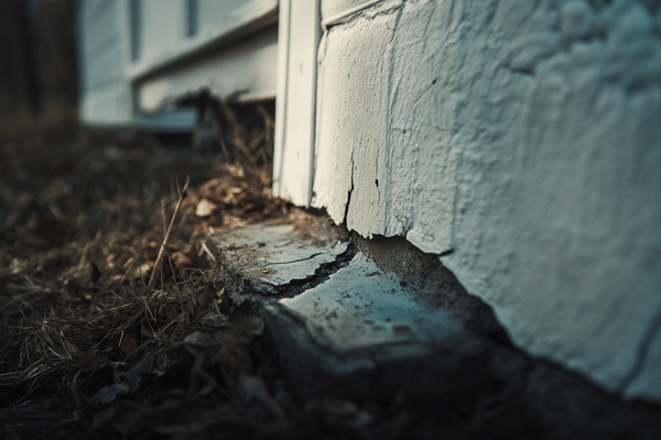 Closeup of a crack in a house's concrete foundation