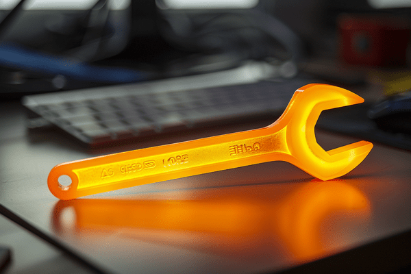 Glowing orange wrench on an office desk