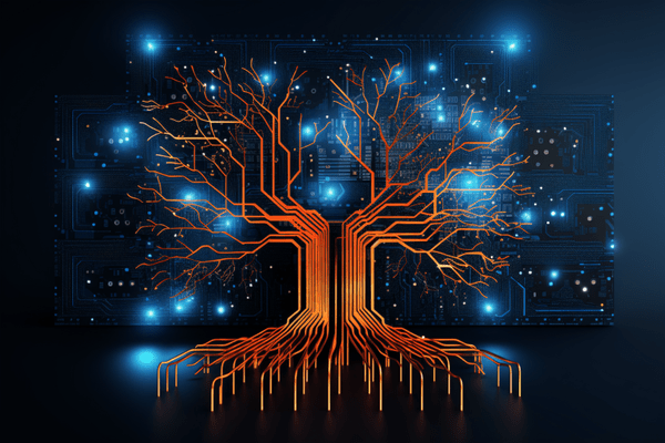 Circuit Wires in the Form of a Tree Against Muted Digital Points of Light