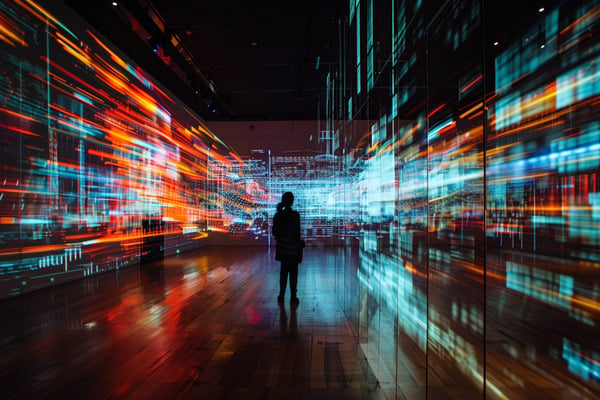 A woman standing in an empty office suite with digital data streams flowing past her on both sides.