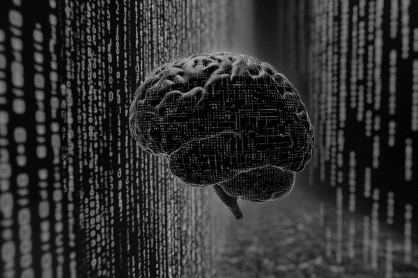 A black-and-white image of a brain in between layers of binary code