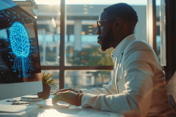 A businessman typing on his keyboard while using AI in the office