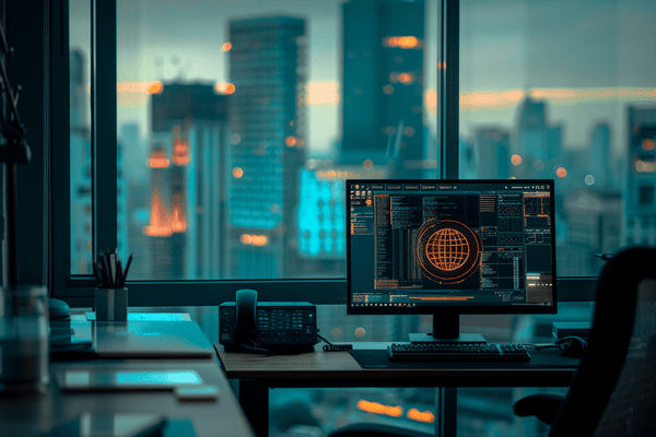 A computer monitor with a cyber symbol on it sits in front of an office window with a city view