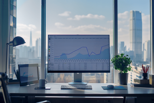 A computer showing an increasing line graph sits on an office desk with a city view