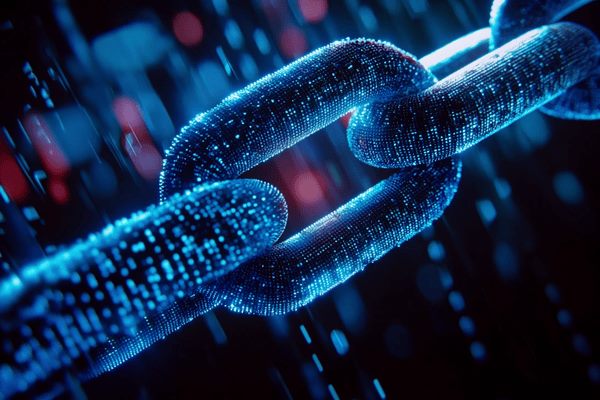 Three links of a blue cyber chain