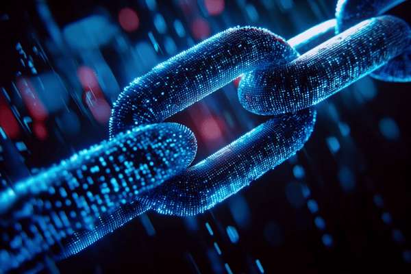 Three links of a blue cyber chain