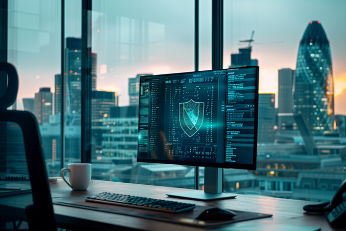 A computer screen with a cyber shield on the monitor sits in front of a window showing downtown London