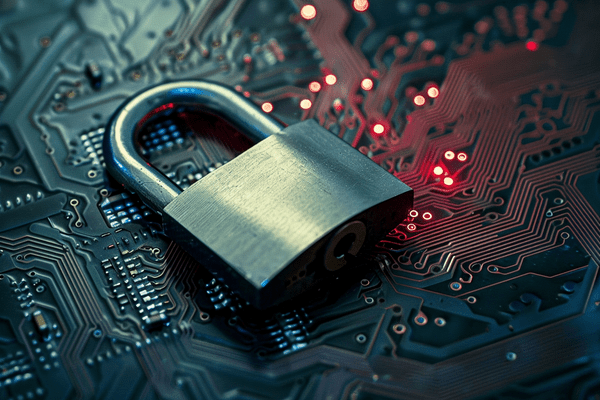 A padlock lays on a circuit board that's glowing red