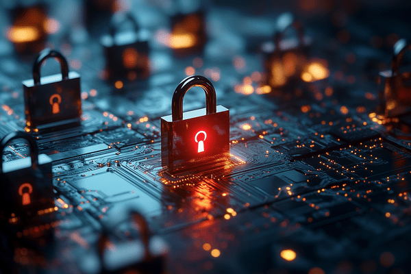 A glowing red padlock stands aside other padlocks on a circuit board