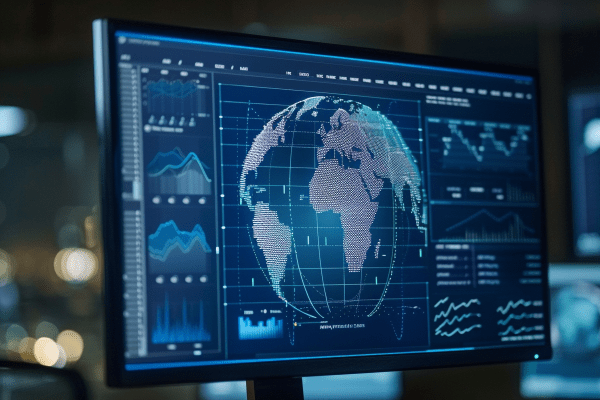 Computer monitor with an image of a digital globe surrounded by graphs