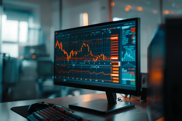 Computer monitor with a flat line graph and a downward trending line graph