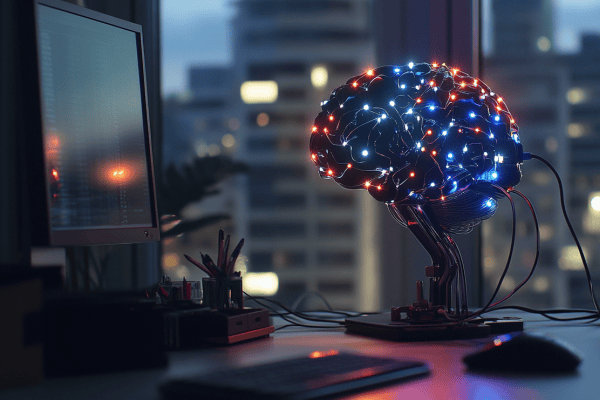 A digital brain lit up with red and blue lights sitting on an office desk and connected by wires to a desktop computer