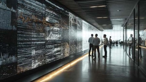staff looking at digital charts and walls in a modern corporate office