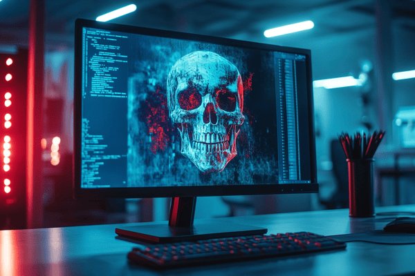 A digital skull on a computer monitor in a server room signifying a ransomware attack