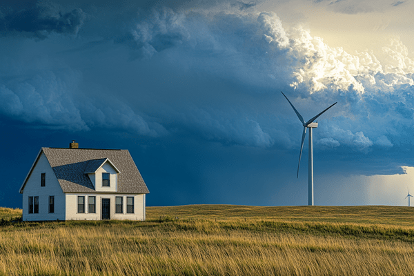 A house and wind turbine in the sun while a large storm brews in the background
