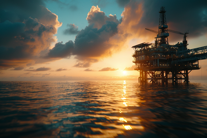 An oil platform at sea during sunrise