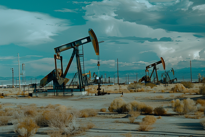 A field of oil rigs under a blue sky