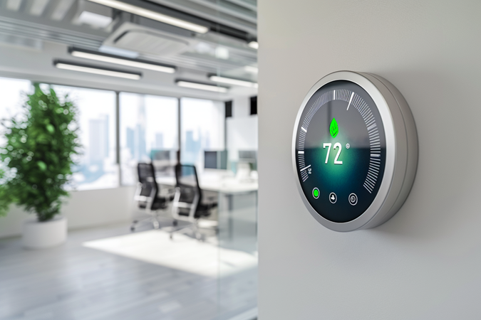 A smart thermostat in a bright office shows energy efficiency