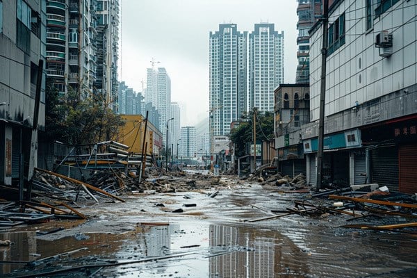 A commercial district with flood waters in the street and scattered debris.