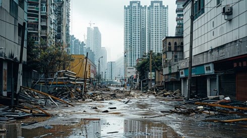 A commercial district with flood waters in the street and scattered debris.