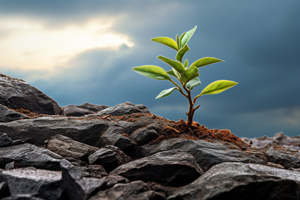 Sapling Emerging from Rocky Ground with Clouds Breaking in Background Illustrating Thriving in Difficult Conditions