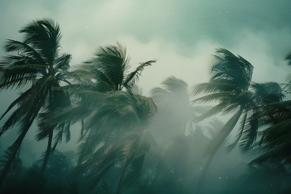 Palm trees being blown sideways during a hurricane.