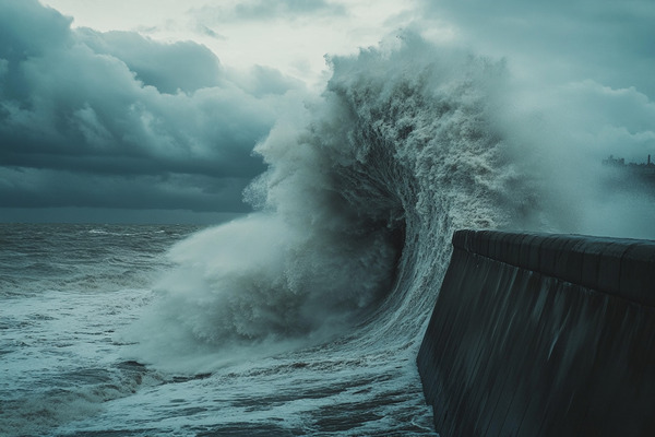 Waves crashing against a seawall on a stormy day.