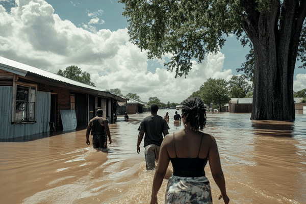 People walking through high flood waters in a village